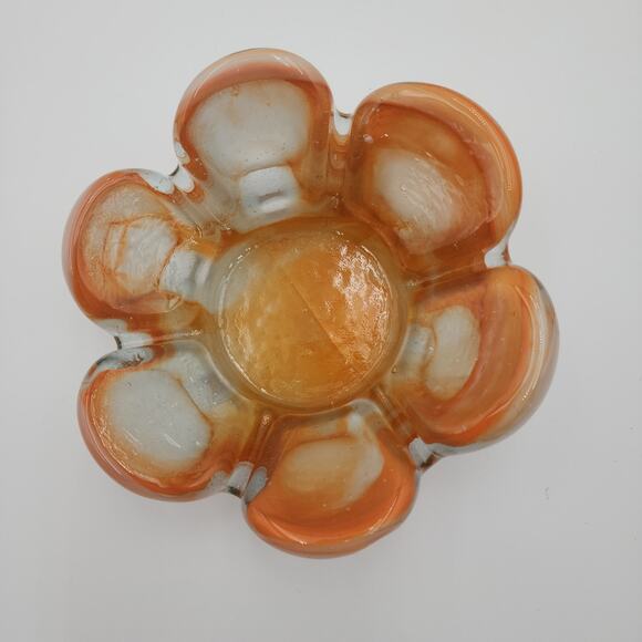 VTG MCM Mexican Handblown Glass Amber White Petal Bowl Flower Shape Trinket Dish - Picture 11 of 11